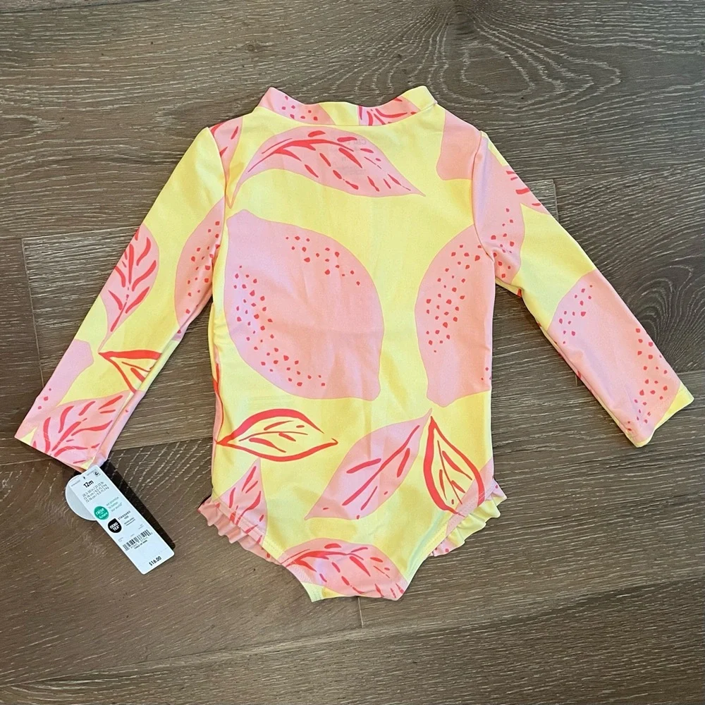 Carter's Baby Girl Ruffles Lemon Pink Yellow Rashguard Swimsuit Size 12 Months